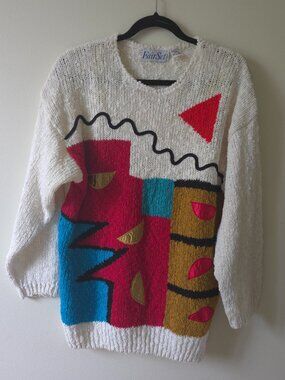 Vintage 80s 90s Fair Set Abstract Geometric Oversized Chunky Knit Sweater L Kore